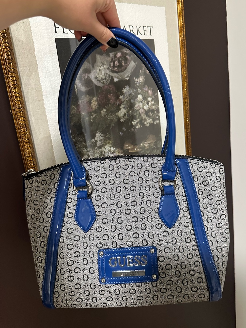 Vintage GUESS Y2K Silver Monogram Blue Patent Tote Bag